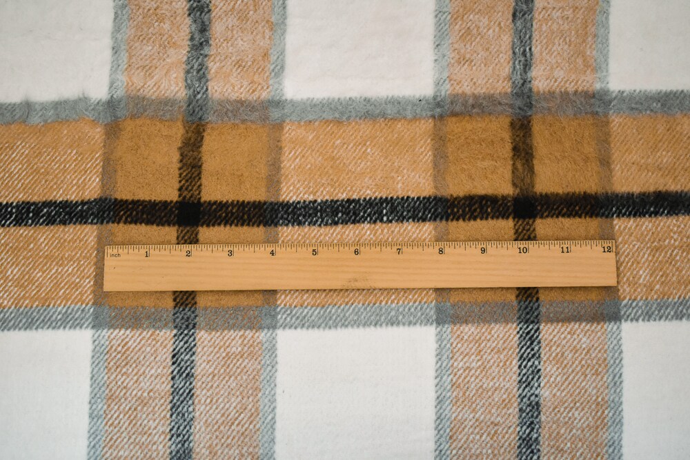 Brown-Multi Poly-Wool Single Sided Brush Plaid Woven Jacketing Fabric By the Yard