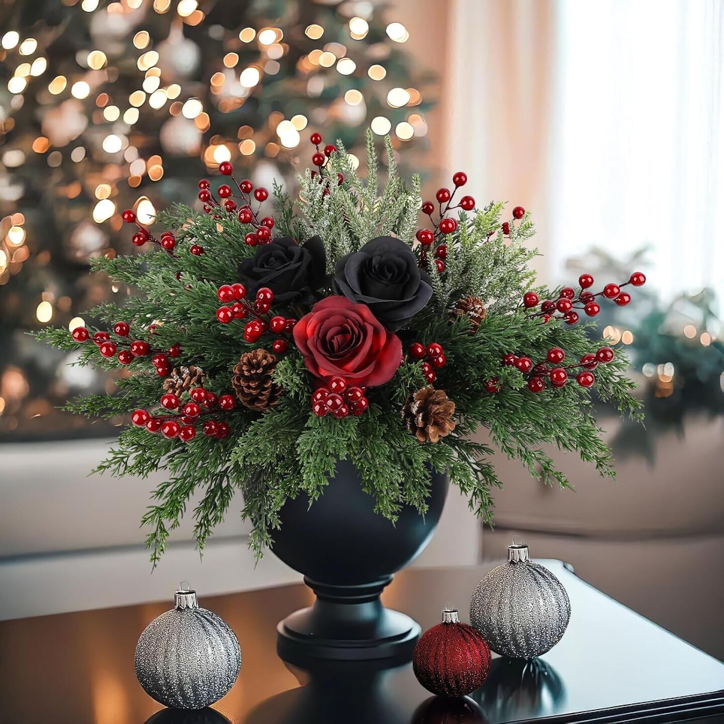 84Pcs Christmas Artificial Pine Branches with Red Berry Stems (Green) 3&#x22;D x 4&#x22;W x 17.7&#x22;H
