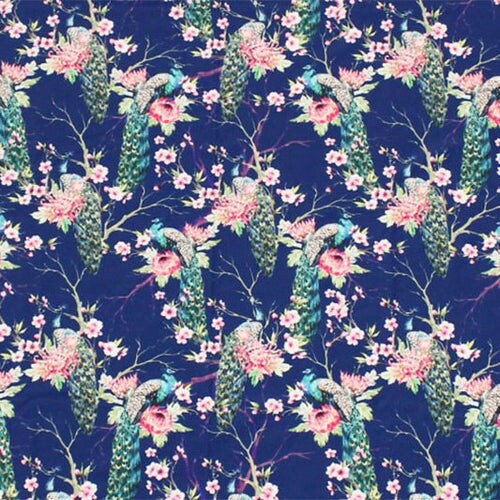 1 Yard Peacocks on Branches Printed Spandex Fabric 4 Way Stretch Nylon for Swimwear 36 56 inch Width