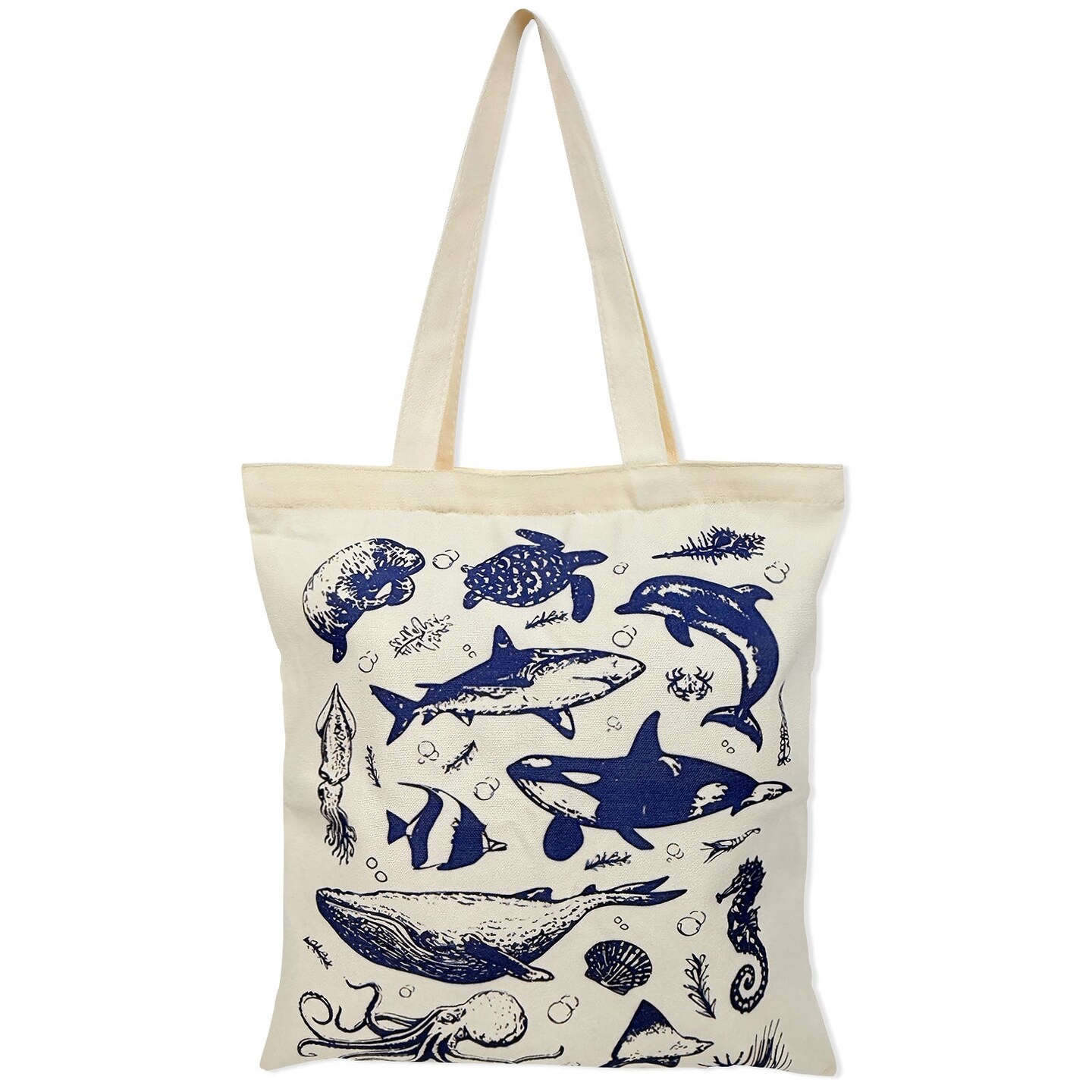 Wrapables Zippered Canvas Tote Bag, Reusable Grocery Shopping Bag, Marine Animals