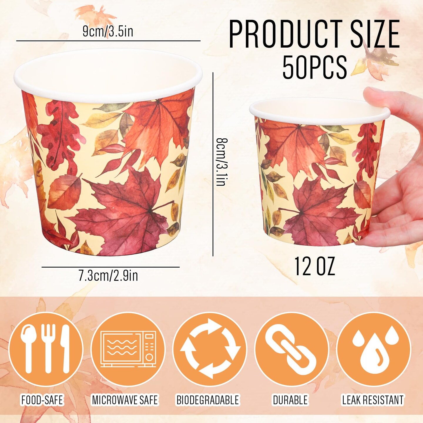 50Pcs 12Oz Fall Maple Leaf Kraft Paper Soup Containers with Lids Autumn Paper Food Bows Disposable Cups for Thanksgiving Party Storing Food Carrying Out