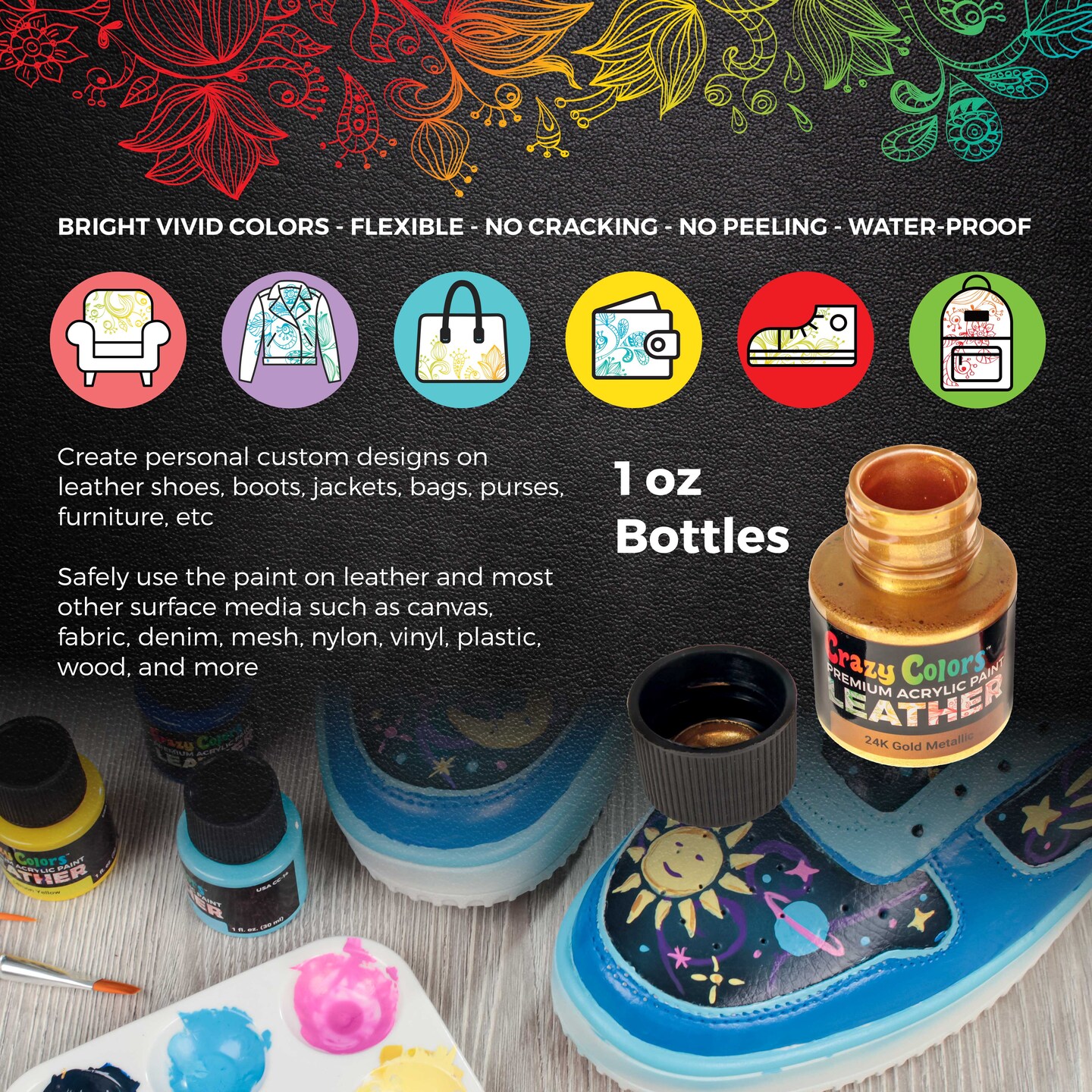 Premium Acrylic Shoe & Leather Paint Kit 13 Metallic Pearl Colors with 4 Brushes (1 oz Bottles) - Acrylic Leather Paint for Shoes, Sneakers, Jackets, Bags, Purses, Furniture