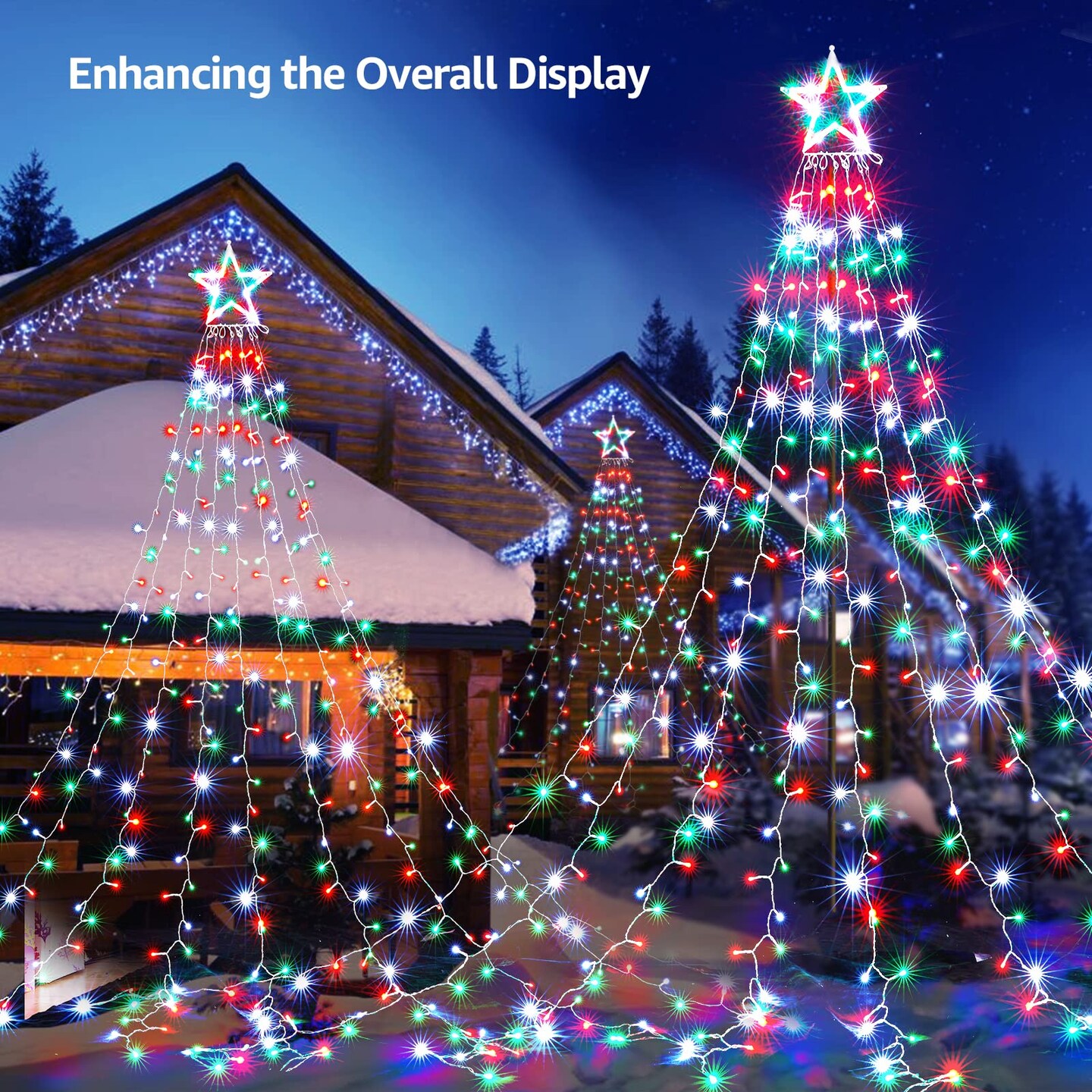 Outdoor Christmas Lights 344 LED Christmas Star Lights with 9 Strands 11.9ft Waterfall Tree Lights, 8 Modes, Waterproof & Timer for Garden Yard Patio Outdoor Xmas Decorations,Red Green White