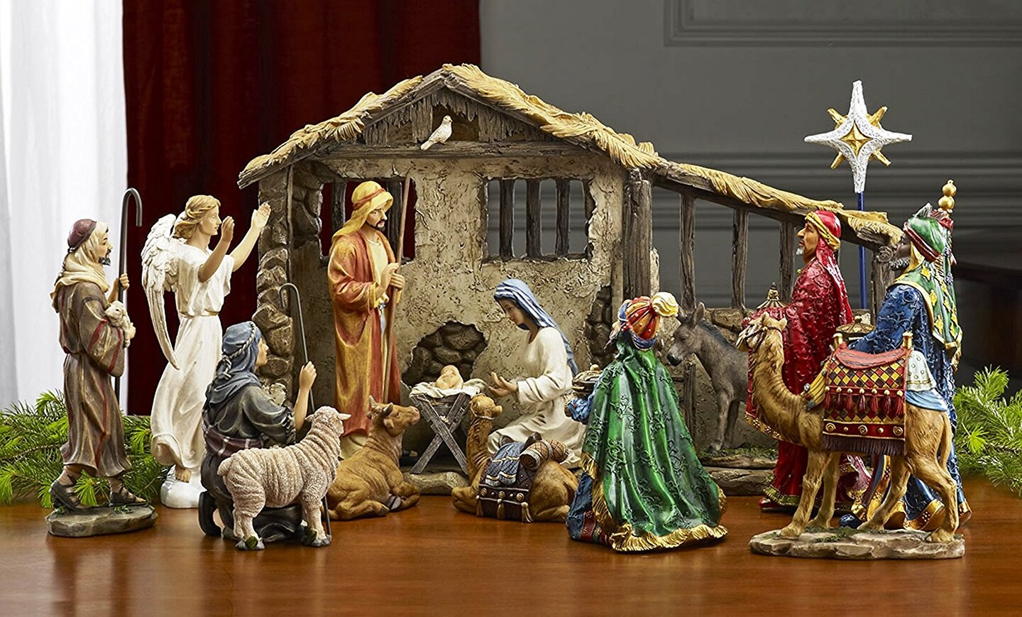 7 Inch Real Life Nativity Set - Includes All People, Lighted Manger, Chest Of Gold, Frankincense &#x26; Myrrh