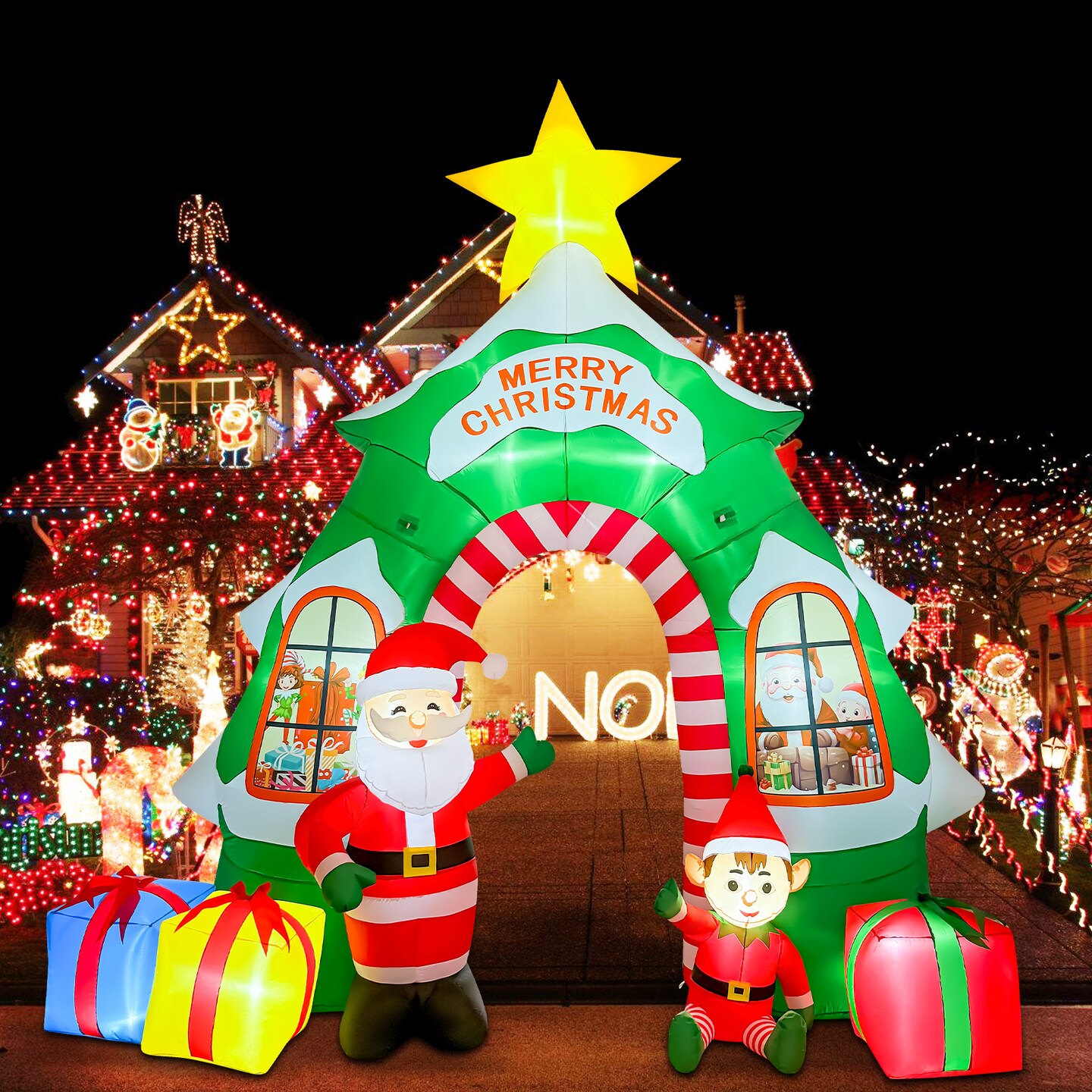GOOSH 13FT Christmas Tree Arch Inflatable with Santa, Elf, Gifts, and LED Lights