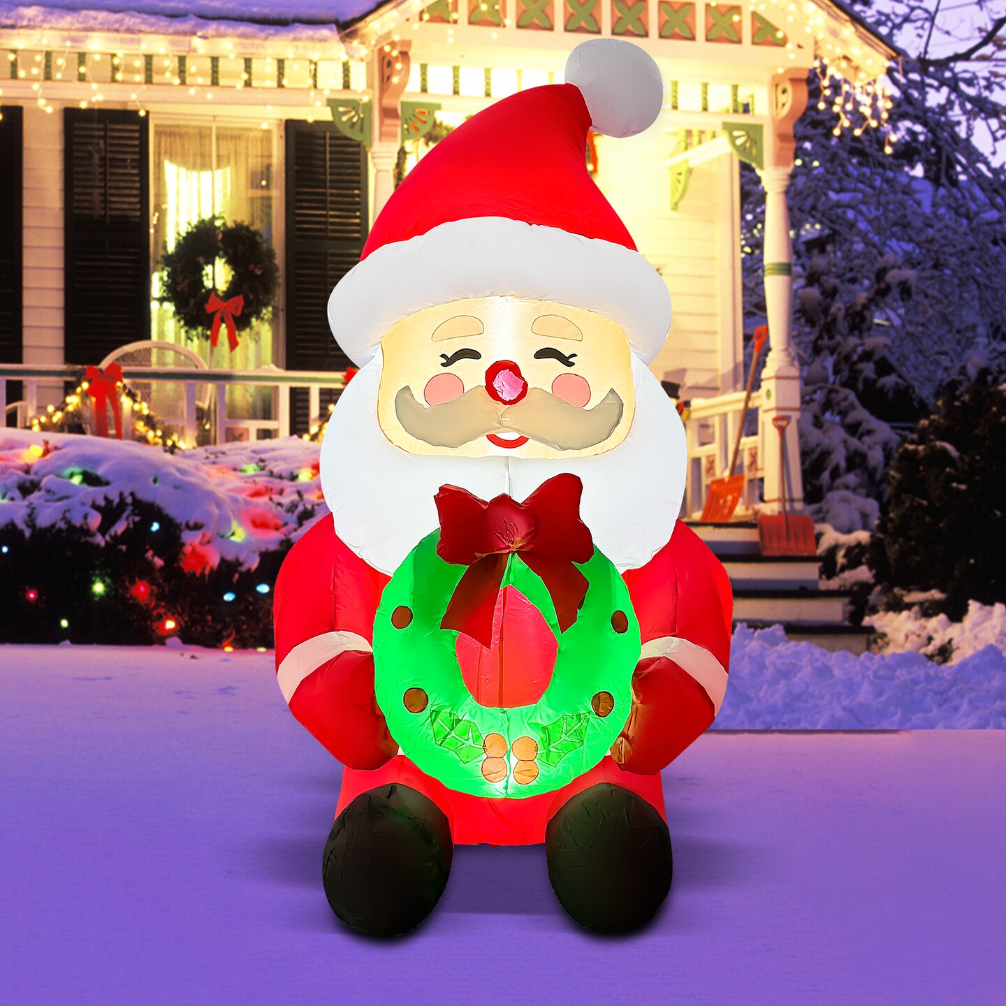 GOOSH 5.2FT Santa Holding Wreath Inflatable with LED Lights for Outdoor Christmas Décor
