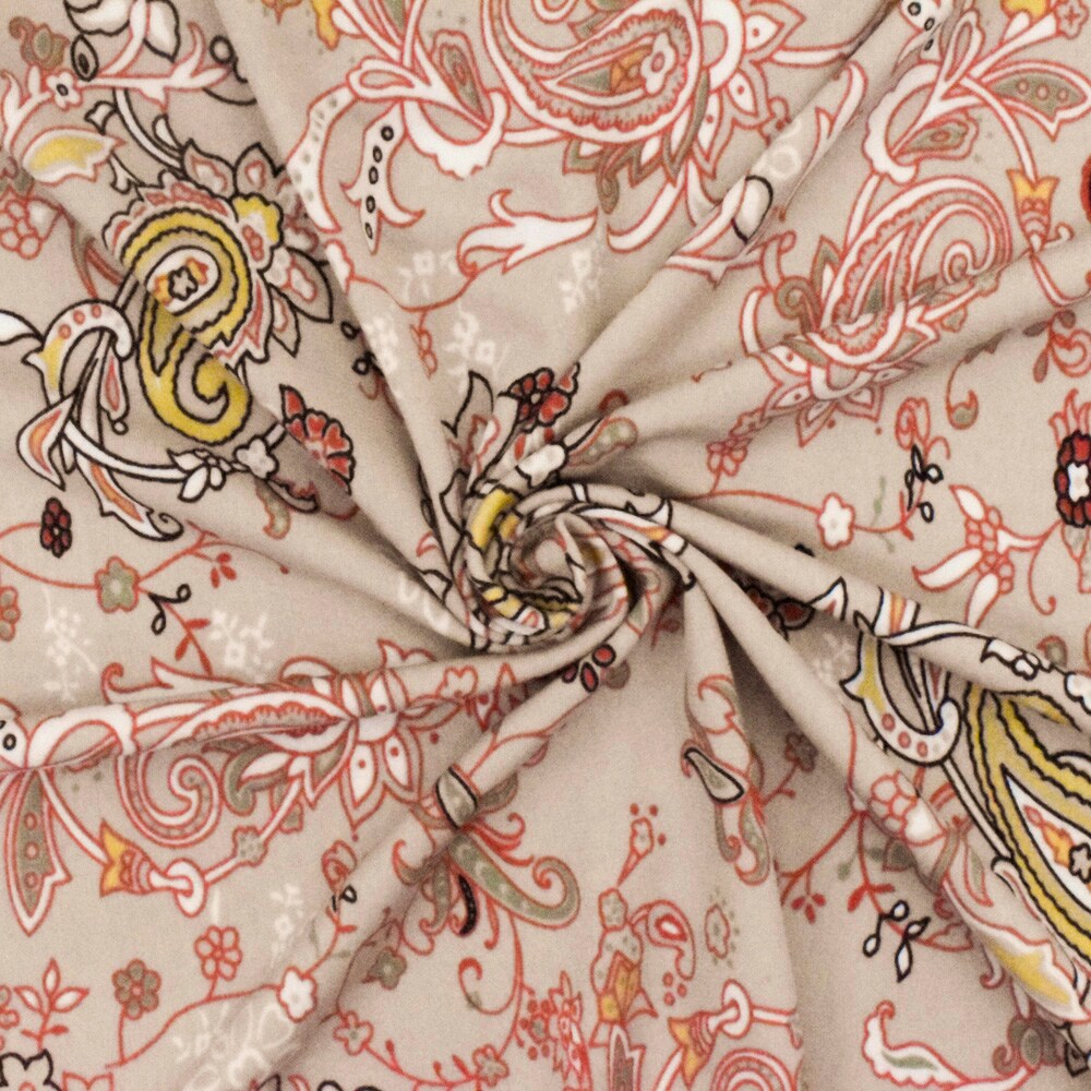 Sugar Beige-Orange-Multi Paisley Printed Stretch Polyester ITY Knit Fabric By the Yard