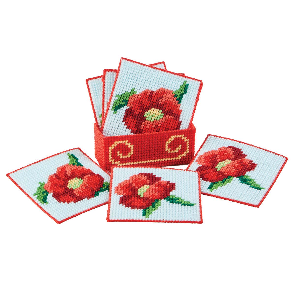 Herrschners  Sweet Poppies Coasters with Holder Plastic Canvas Kit