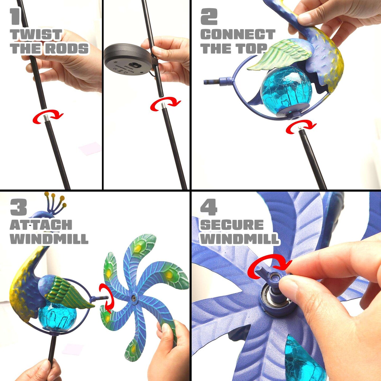 G128 Solar Peacock Metal Yard Wind Spinner Stake | Outdoor 38 inch Peacock Statue with LED Lights Decorations Swivel Wind Spinner for Patio Garden Backyard