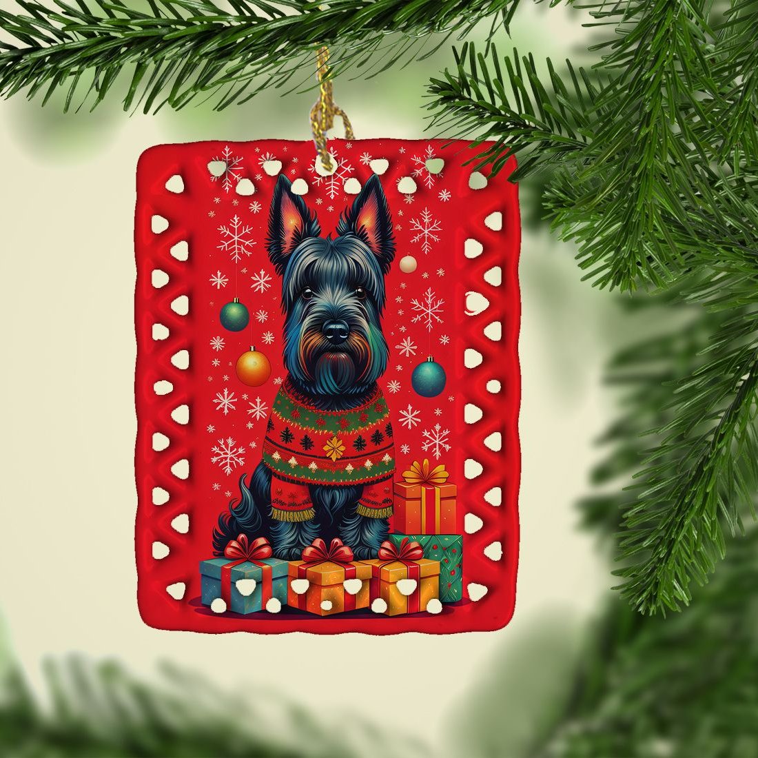 Edge Collections - 2.80" X 0.15" - Multicolor - Scottish Terrier Holiday Christmas Porcelain - 1 Piece