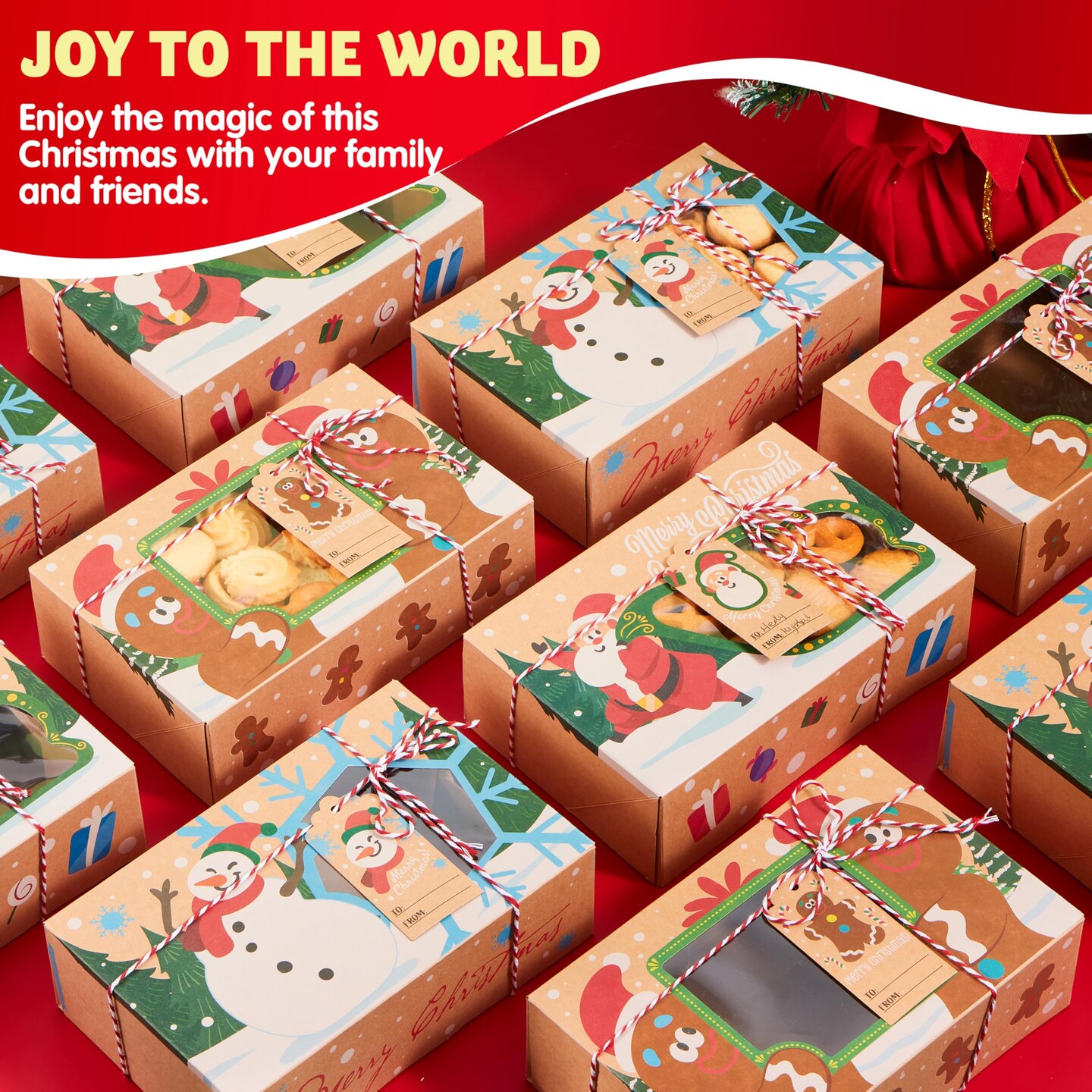 JOYIN 24 PCS Christmas Cookie Gift Baking Box 8.75" x 5.75" x 2.75” with Window Auto-Popup, Xmas Holiday Treat Boxes Containers with Tags for Party Favor Pastries, Cupcake, Brownies, Donut Gift-Giving