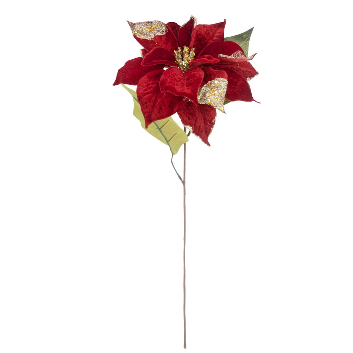 21&#x2033; Sequin Edge Red Poinsettia Stem &#x2013; Sparkling Christmas Floral Pick D&#xE9;cor