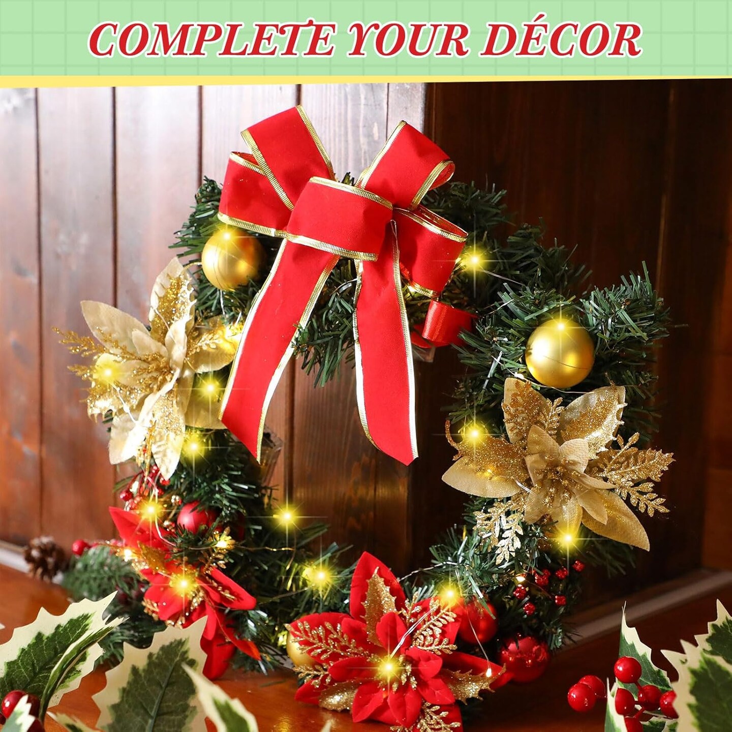 6 Pcs Lighted Christmas Wreath with Red Bow Ornament (Multicolored)