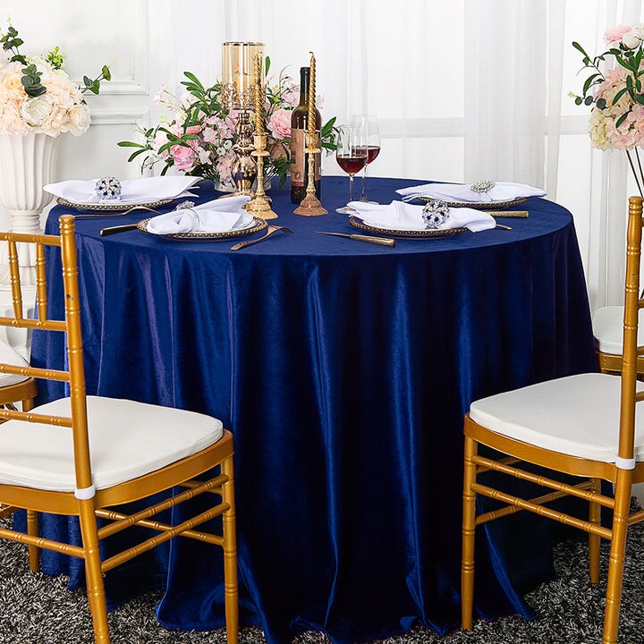 120 Inch Round Seamless Italian Velvet Tablecloth Classic Navy Blue