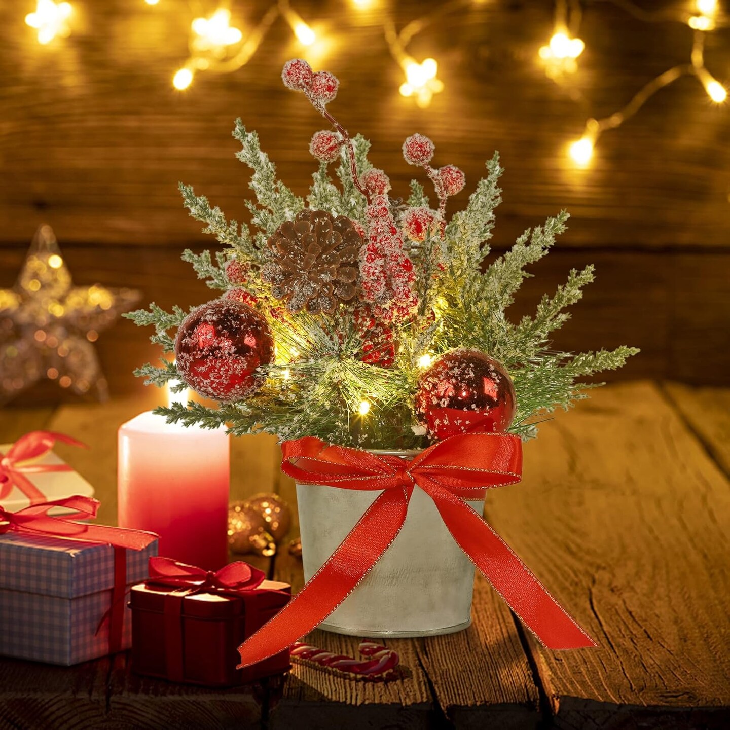 Christmas Table Tree Decorations Mini Trees with Lights (Green)