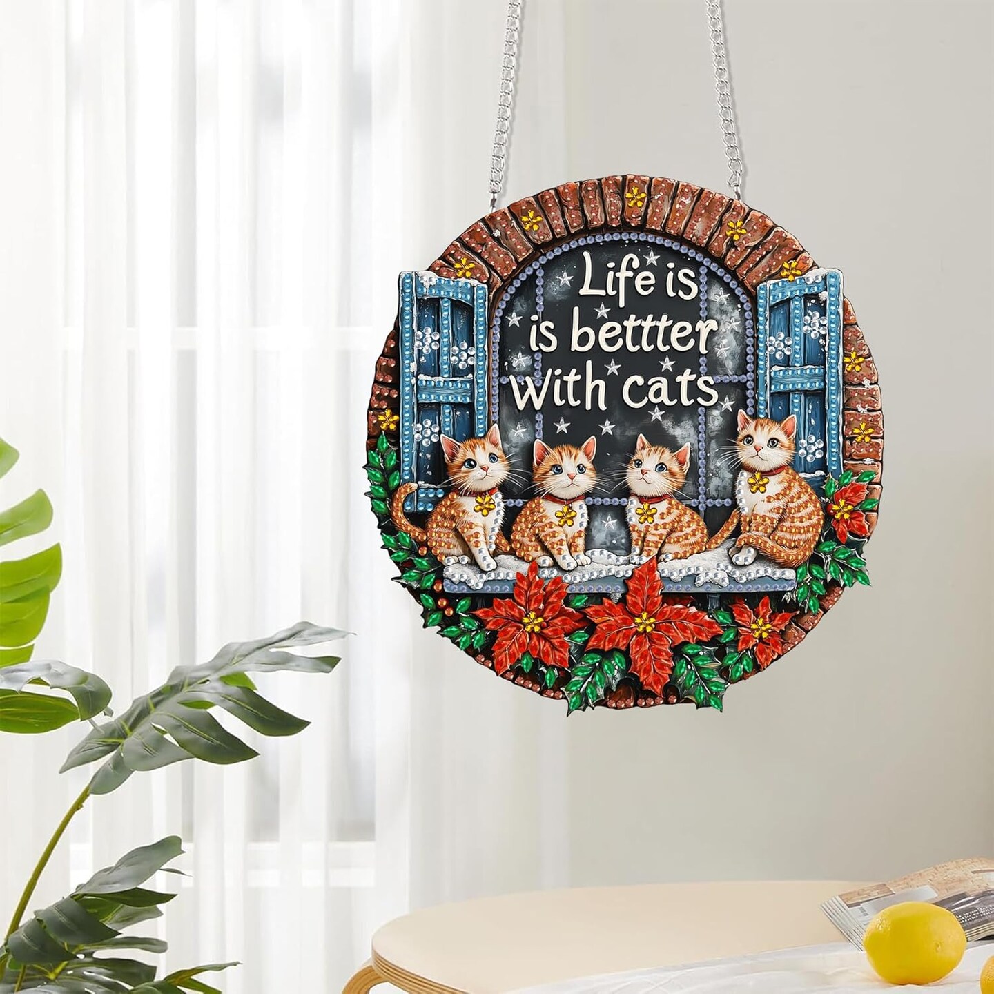 8x8 Inch Christmas Cat Acrylic Diamond Art Suncatcher