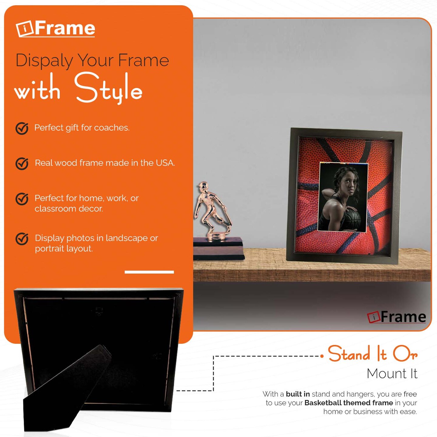 iFrame Commemorative Basketball Sports Athletics Frame I Fits 5x7 Photograph, Real Wood Black Finish, Desktop, Table Or Wall Mount I Shatterproof Plexiglass I Made in the USA