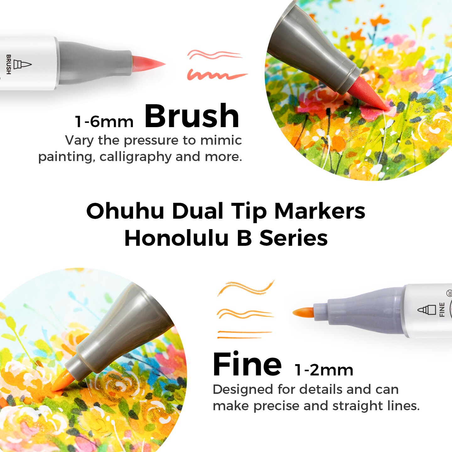 Ohuhu Honolulu B 48 Mid-tone Colors Alcohol-Based Markers - Dual Tip Brush & Fine