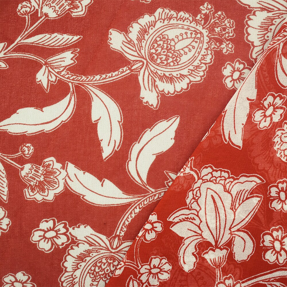 Sunset Orange-Ivory Floral Printed Poly Chiffon Woven Fabric By the Yard