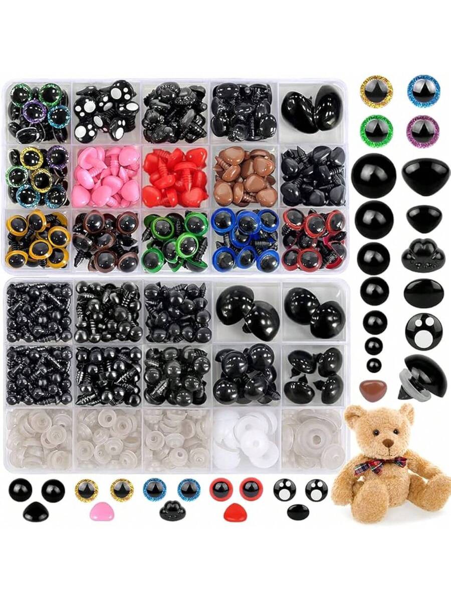1100PCS Safety Eyes Noses for Crochet, 5-16mm Black Plastic Safety Eyes with Washers