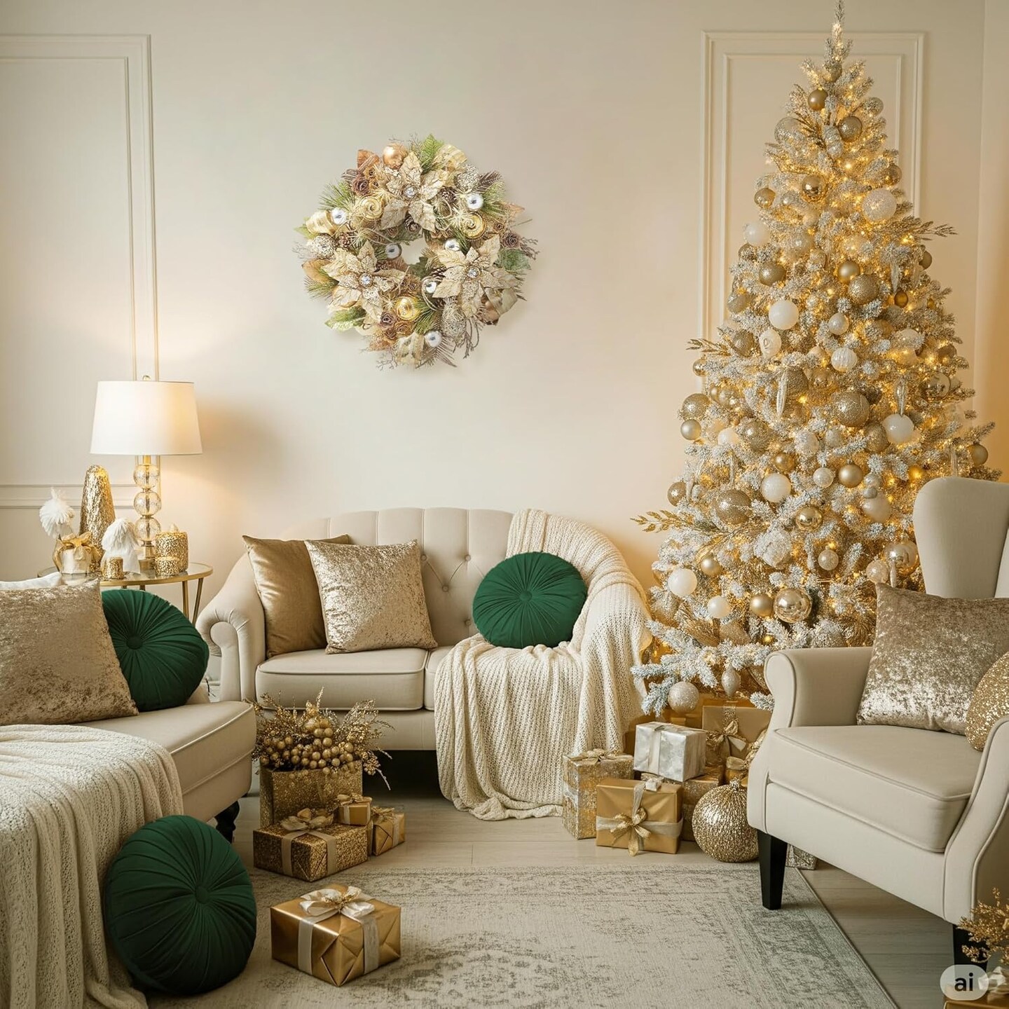 Champagne Gold Poinsettia Wreath - 22" Handcrafted Holiday Décor - Holiday Tree