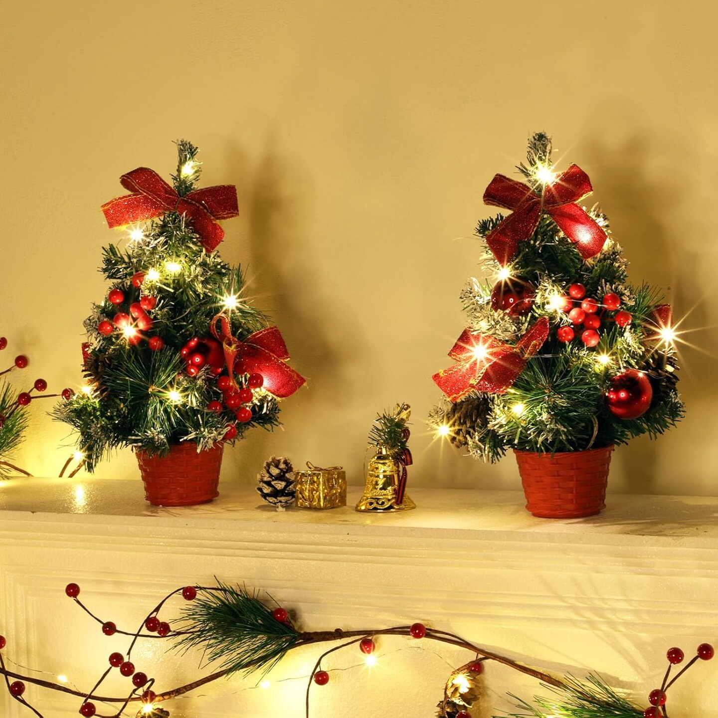 4 Pack 12 Inch Mini Christmas Trees with Lights Table Top (Green and Red) 6.3"D x 6.3"W x 12"H