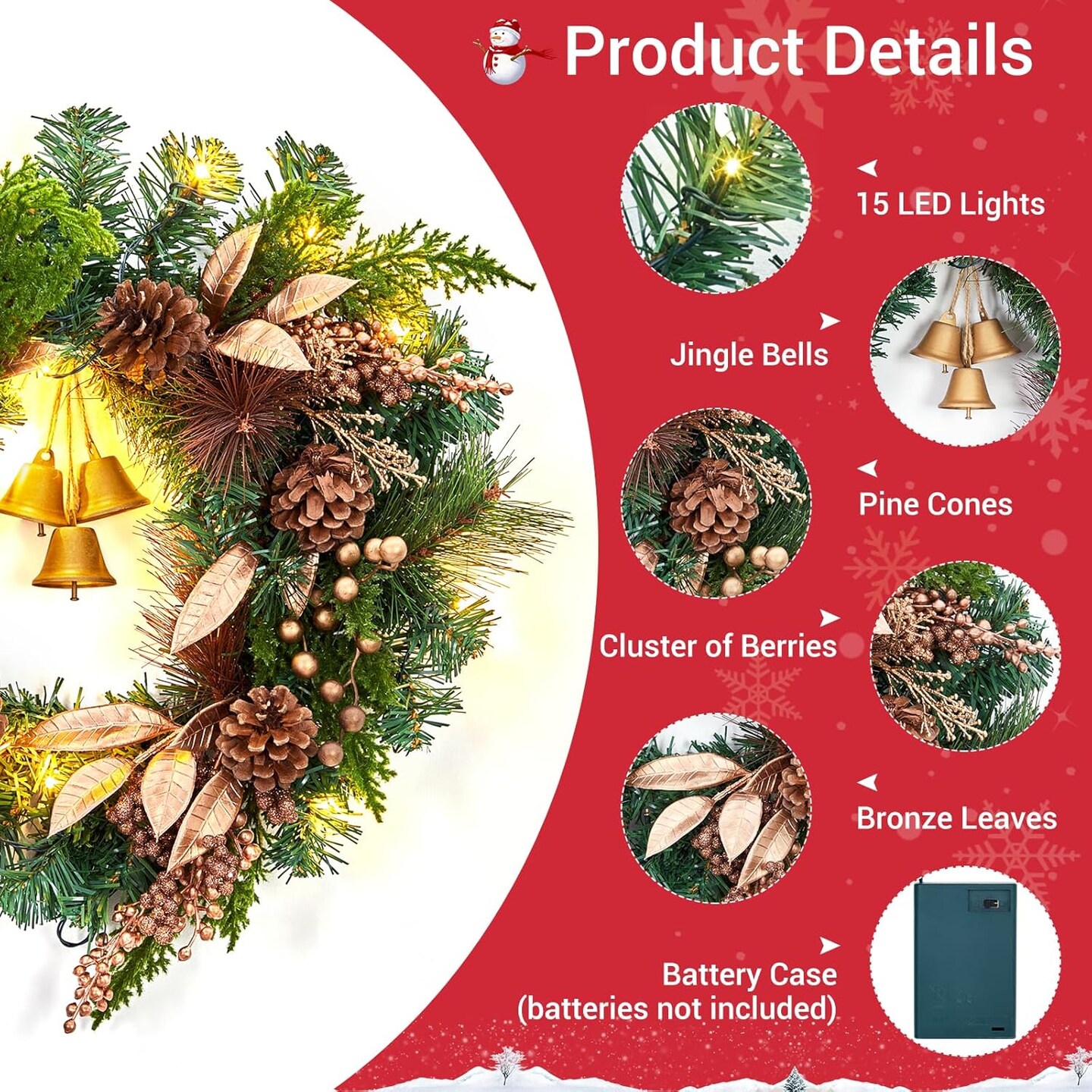 18 Inch Christmas Wreath with Lights, Battery Operated (Bronze) 18"D x 18"W x 4"H