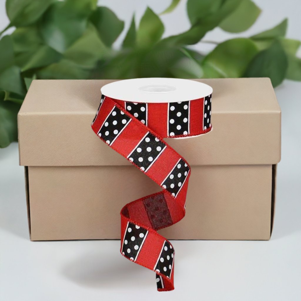 1.5&#x22; B &#x26; W Polka Dot Stripes Ribbon: Red (10 Yards)
