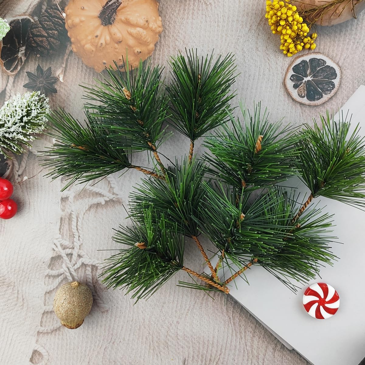 62PCS Artificial Green Pine Needles Branches Stems (Green) 0.02"D x 0.02"W x 0.02"H