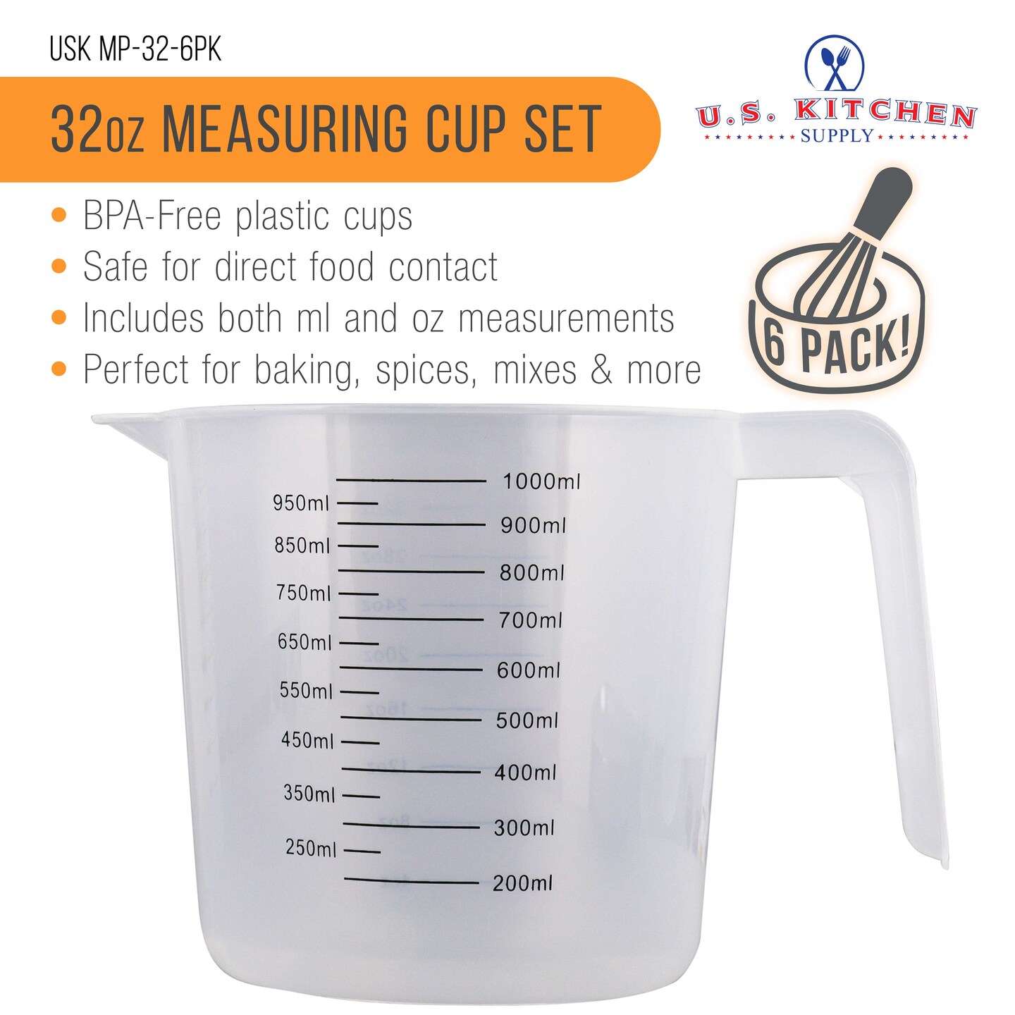 U.S. Kitchen Supply Plastic Measuring Cups with Handles - 32 oz (1000 ml) Liquid Measuring Cup Set of 6 - Clear Microwave Safe Kitchen Cups - Measure in mL or Ounces, Measurement Cup for Cooking
