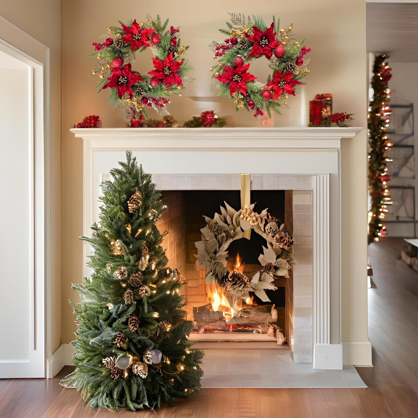 22 Inch Lighted Golden Glitter Christmas Wreath (Multicolor) 7&#x22;D x 22&#x22;W x 22&#x22;H