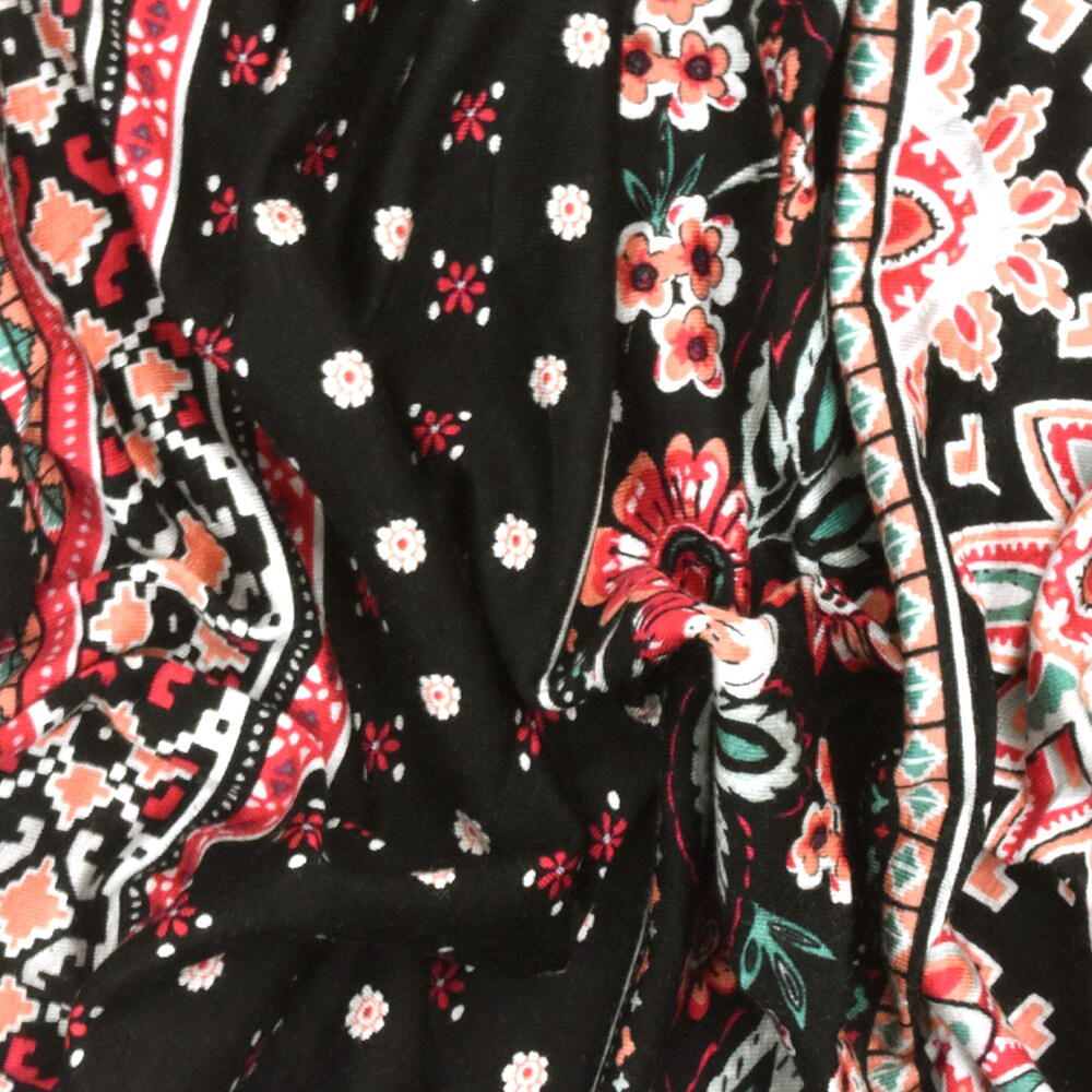 Black-Coral-Multi Mix Stripe Floral Print Rayon Stretch Jersey Knit Fabric By the Yard