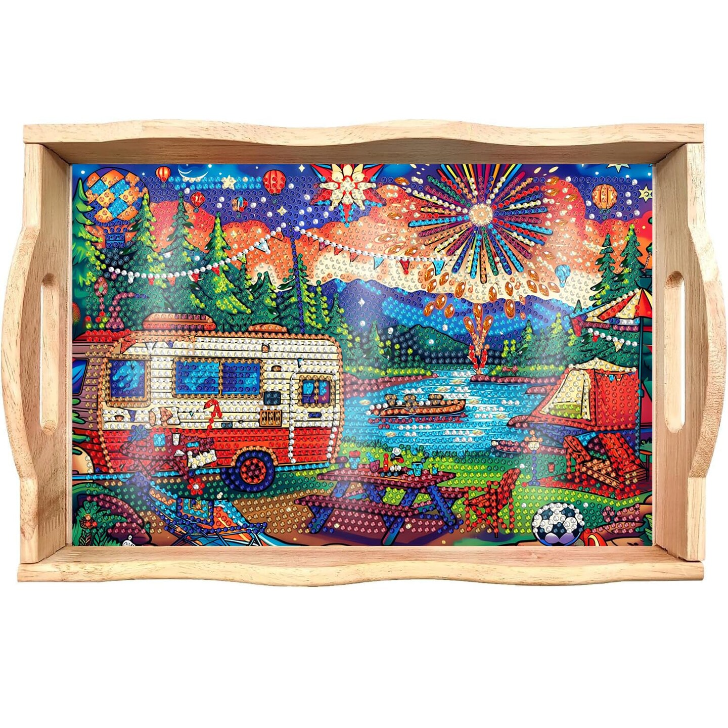 5D Diamond Art Kits for Adults Wooden Serving Tray with Handle Special Diamond Painting Plate Big Gem Dots Paint by Numbers Crafts Kits for Living Room Carnival 7.8x11.8 Inches