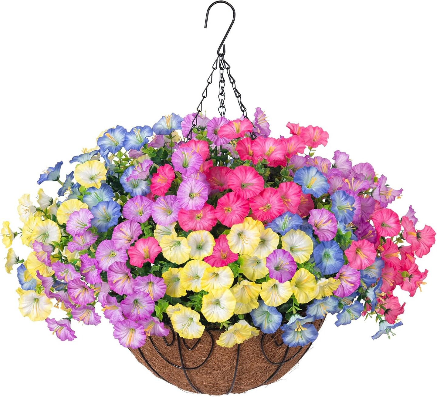 Artificial Faux Hanging Plants Flowers Basket for Outdoors Spring(Purple + Pink + Blue + Yellow)