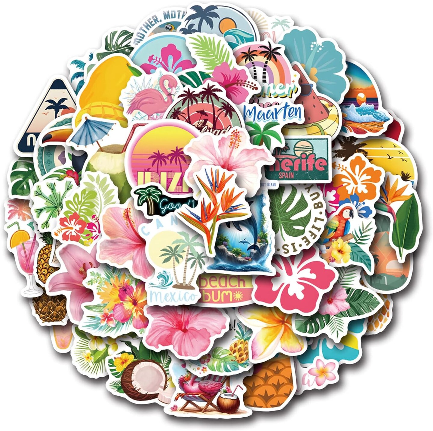 Tropical Stickers, 50PCs Cartoon Hawaii Scenery Vinyl Decals for Laptop