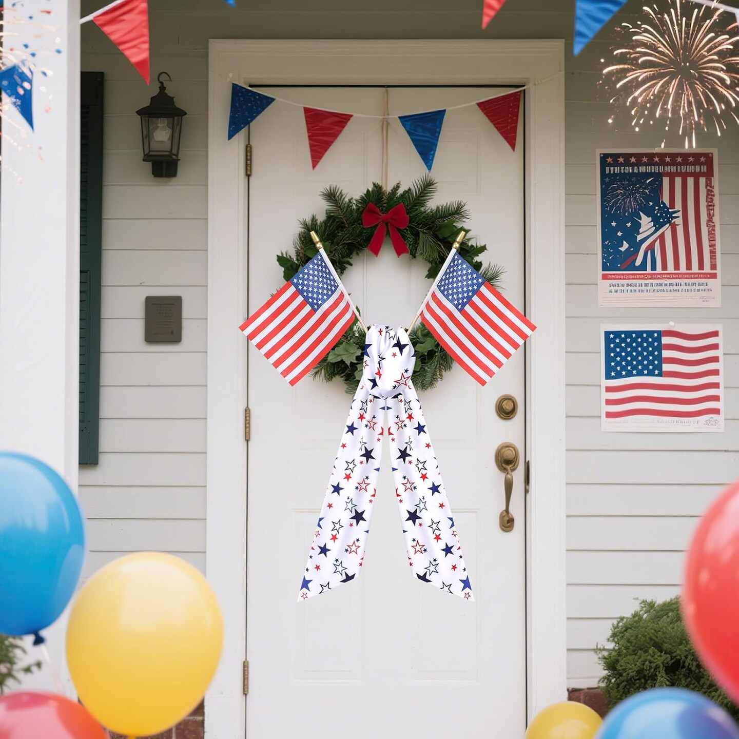 Patriotic Sash for Wreath Front Door - 2 Pcs 4th of July Wreath Sash with 2 Pcs American Flags for Memorial Day