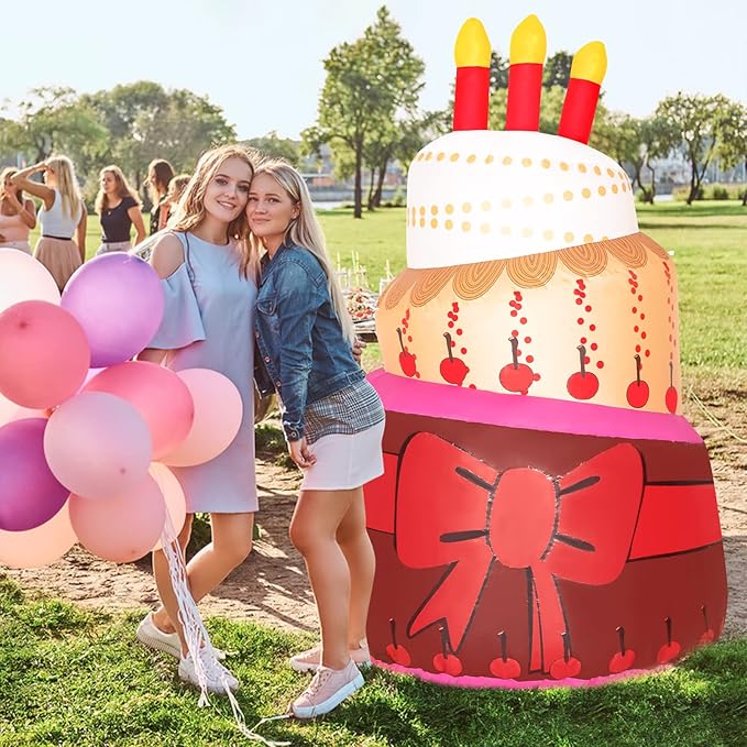 GOOSH 6.4 FT Birthday Inflatables Cake with Candle Happy Birthday with Colorful Rotating LED Lights (Red-B)