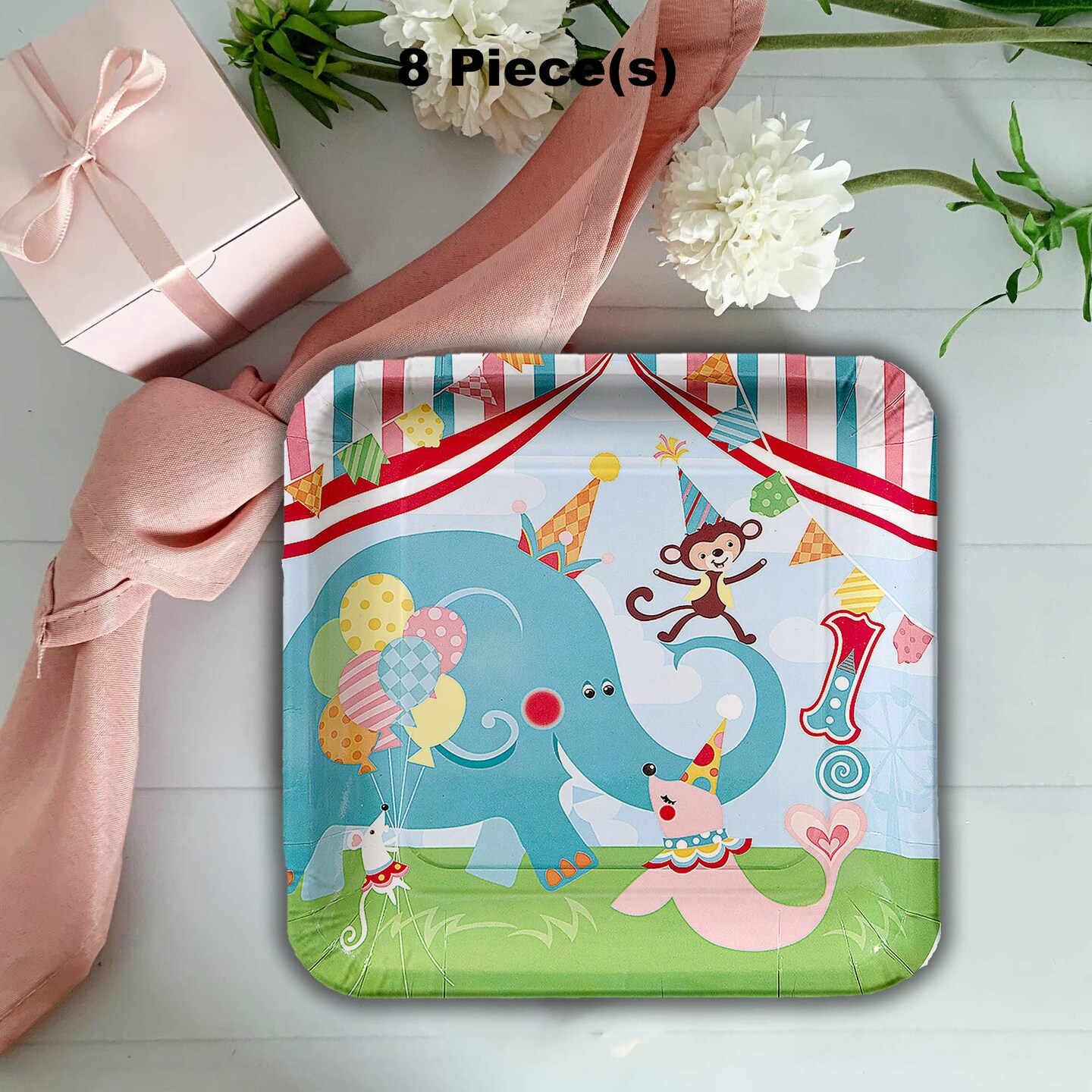 8 Ct.1st Birthday Circus Party Paper Dinner Plates Colorful Animal Themed Tableware 9.25 Inch