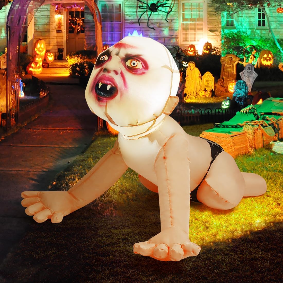 GOOSH 4FT Halloween Inflatable Outdoor Zombie Baby Blow Up Yard Decoration with LED Lights