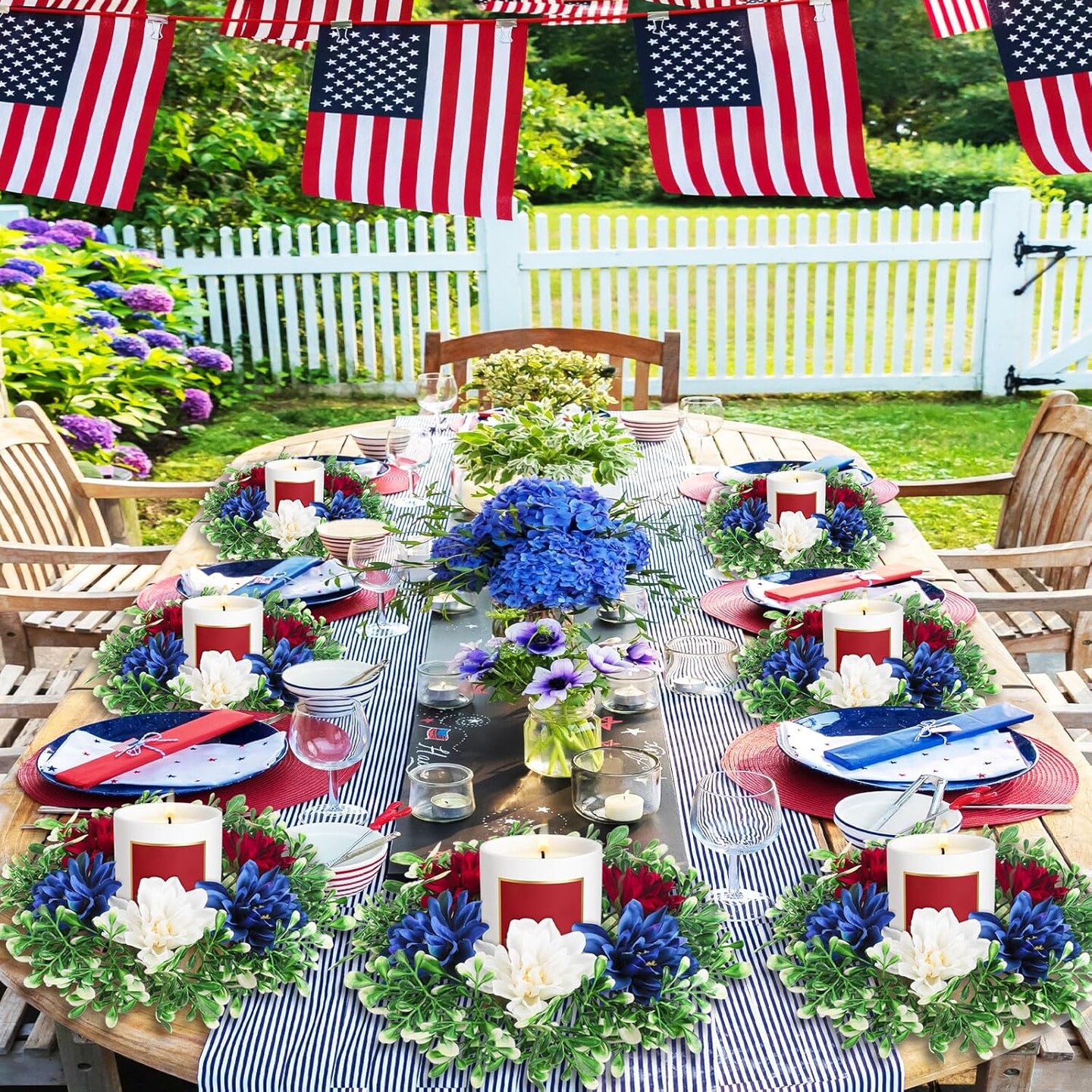 4 Pcs Patriotic Candle Rings Independence Day Artificial Flower Wreath Red Blue White Candle Holder