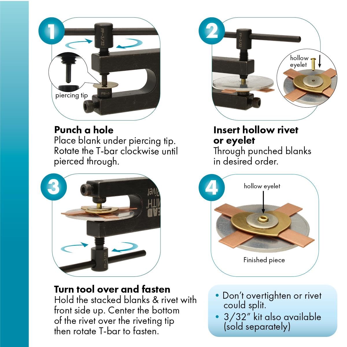 The Beadsmith EZ Rivet Piercing & Flaring Kit - Includes 1/16" T-bar Screws and Flat & Domed Bases - Domed Base for Use with Rings – Flat Base for Sheet Metal Up to 18 Gauge