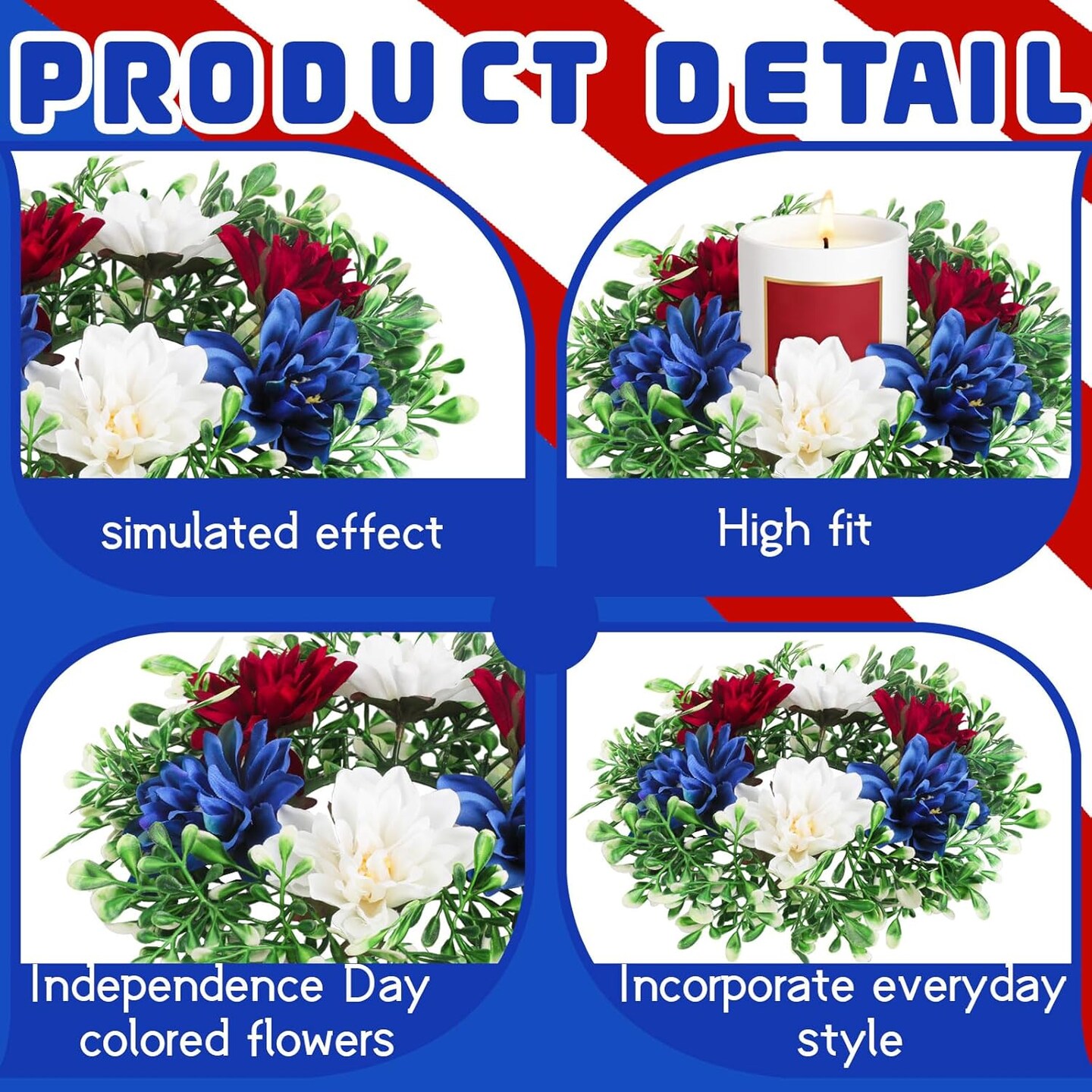 4 Pcs Patriotic Candle Rings Independence Day Artificial Flower Wreath Red Blue White Candle Holder