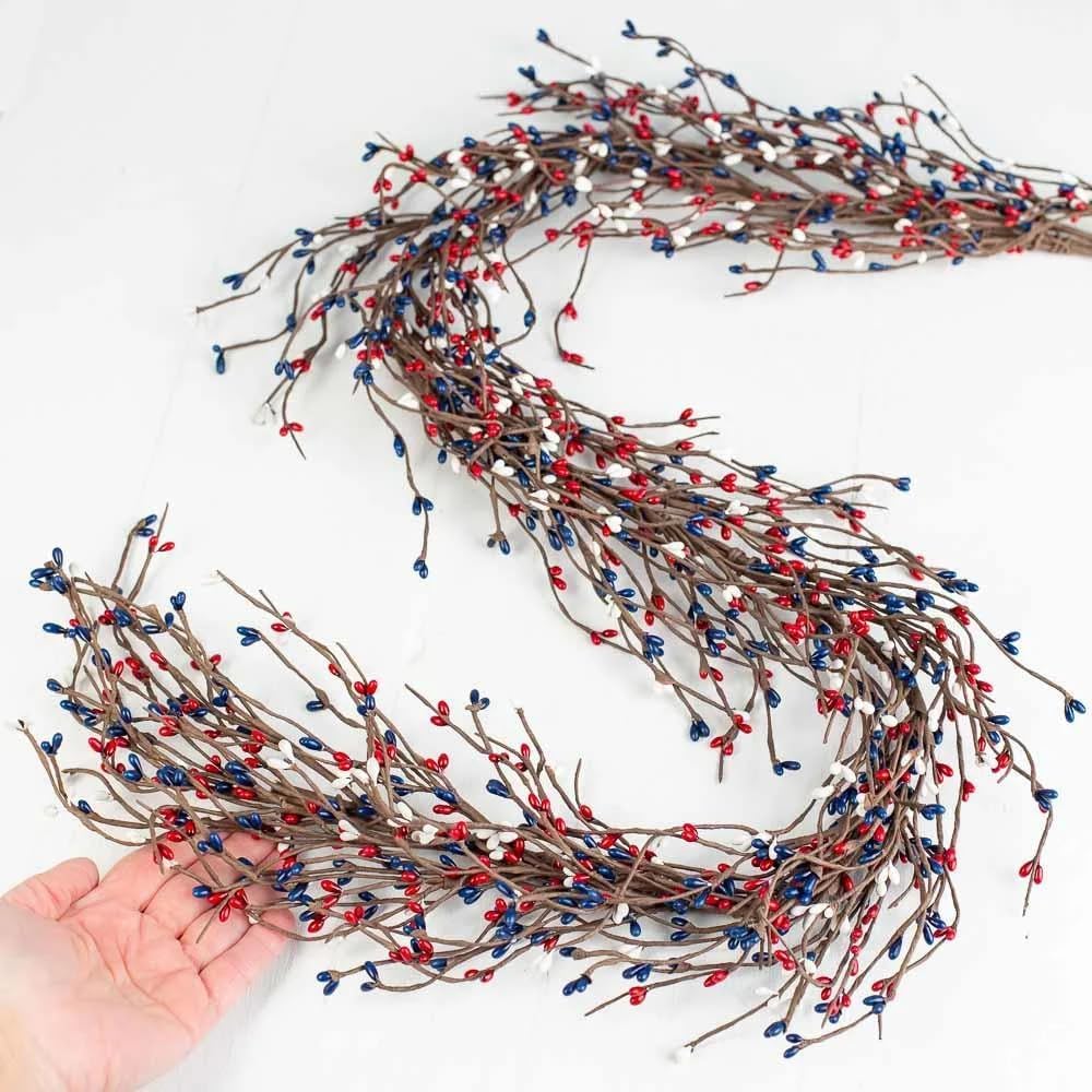 60-Inch Patriotic Pip Berry Garland in Red, White, and Blue – Rustic Primitive Wreath Garland for 4th of July and Memorial Day Décor