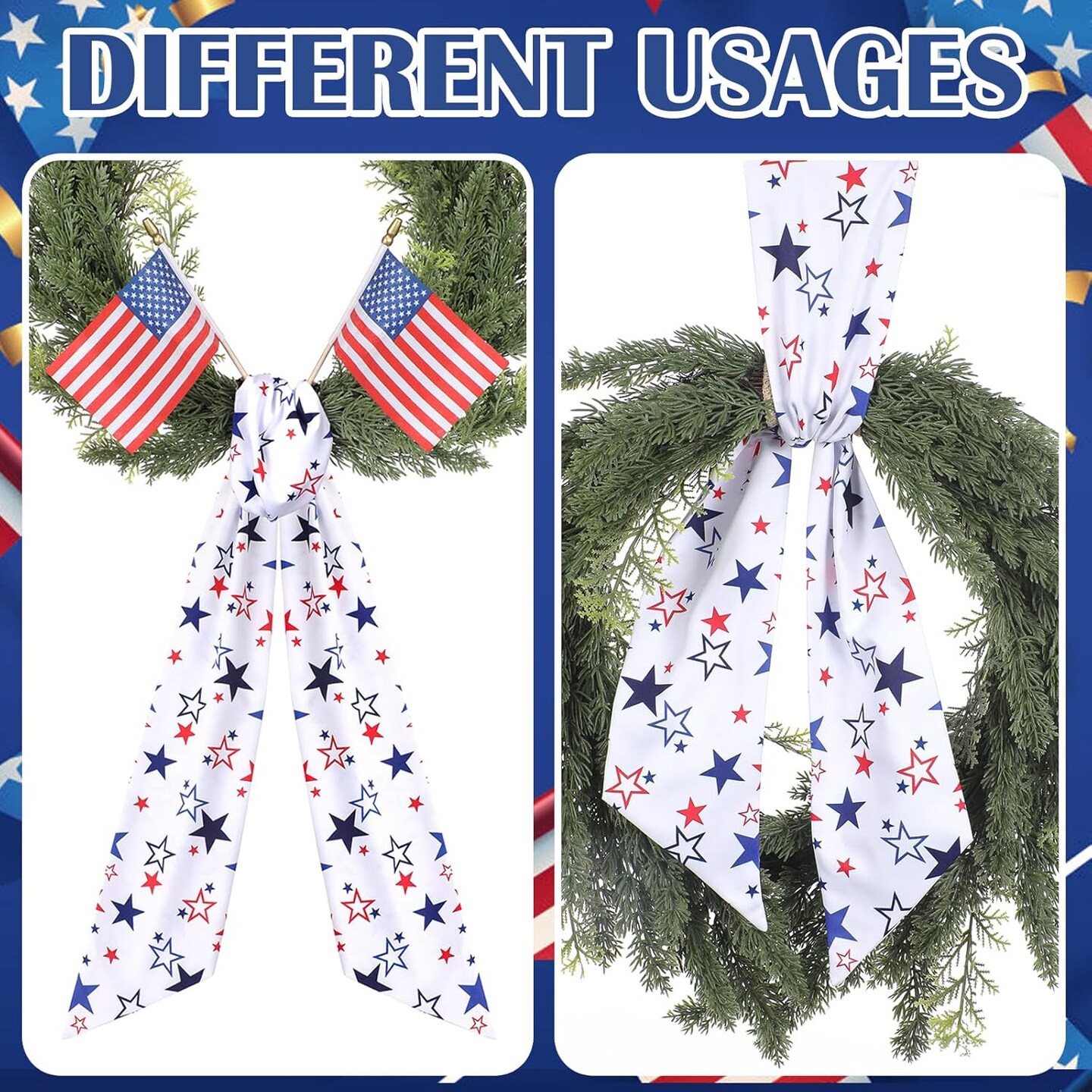 Patriotic Sash for Wreath Front Door - 2 Pcs 4th of July Wreath Sash with 2 Pcs American Flags for Memorial Day