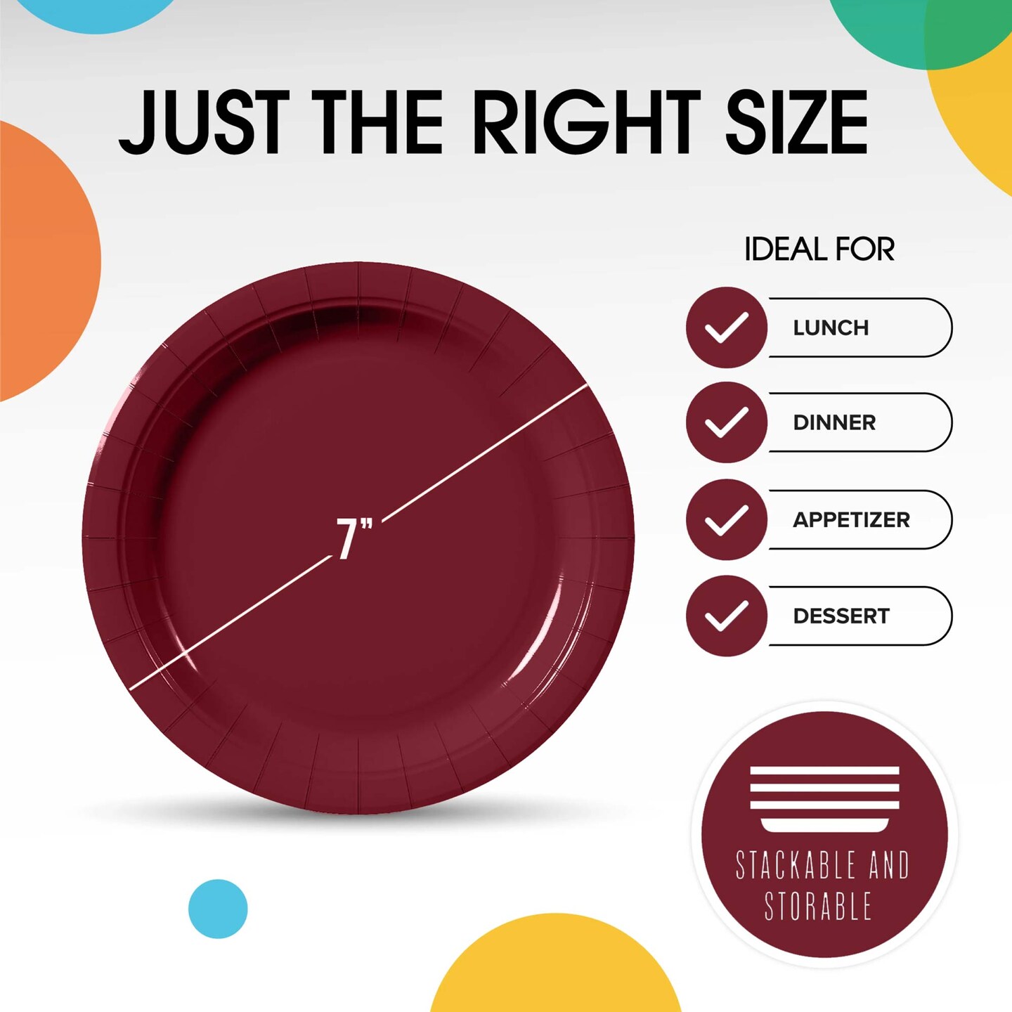 100 Count Burgundy Disposable Paper Plates for Party Wedding Events and Dinners 7 Inch