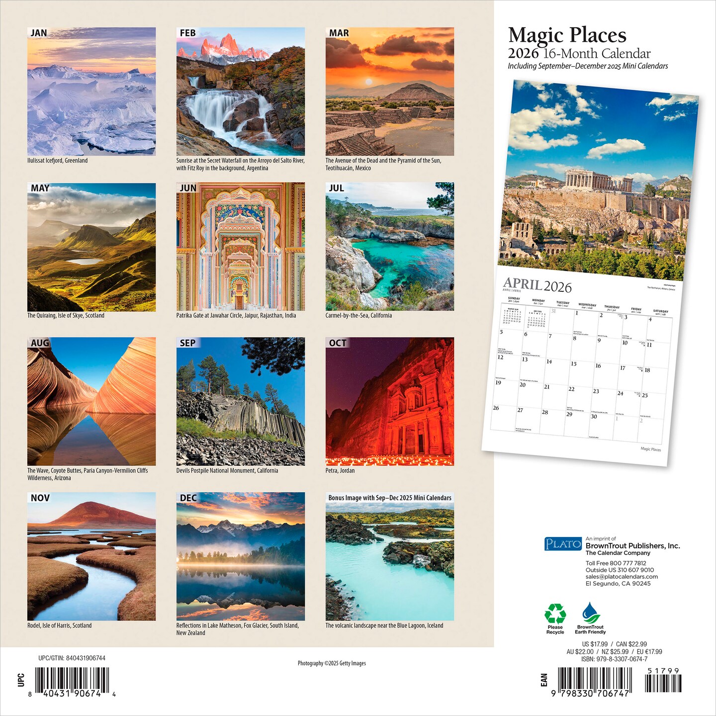 Magic Places | 2026 12 x 24 Inch (Hanging) Monthly Square Wall Calendar | Foil Stamped Cover