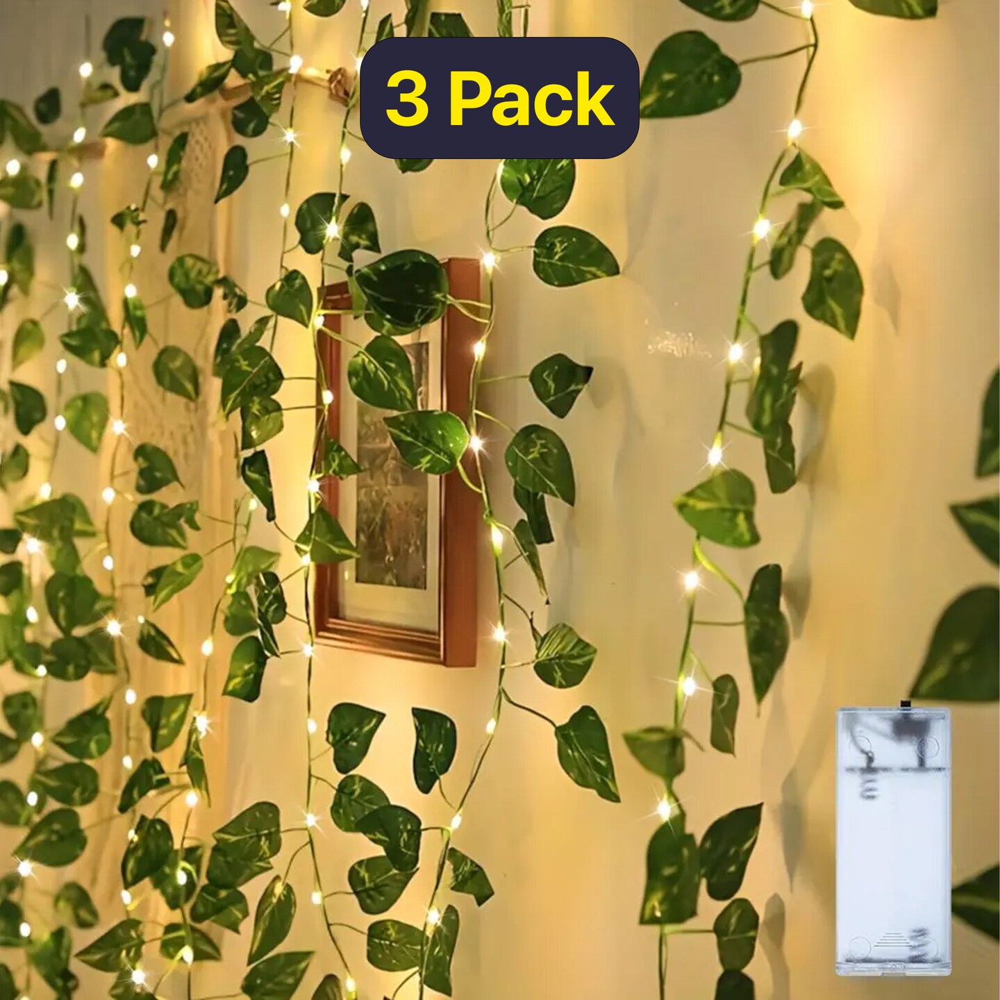 66 LED Ivy Garland String Lights – Battery Operated, 6 Strands Warm White