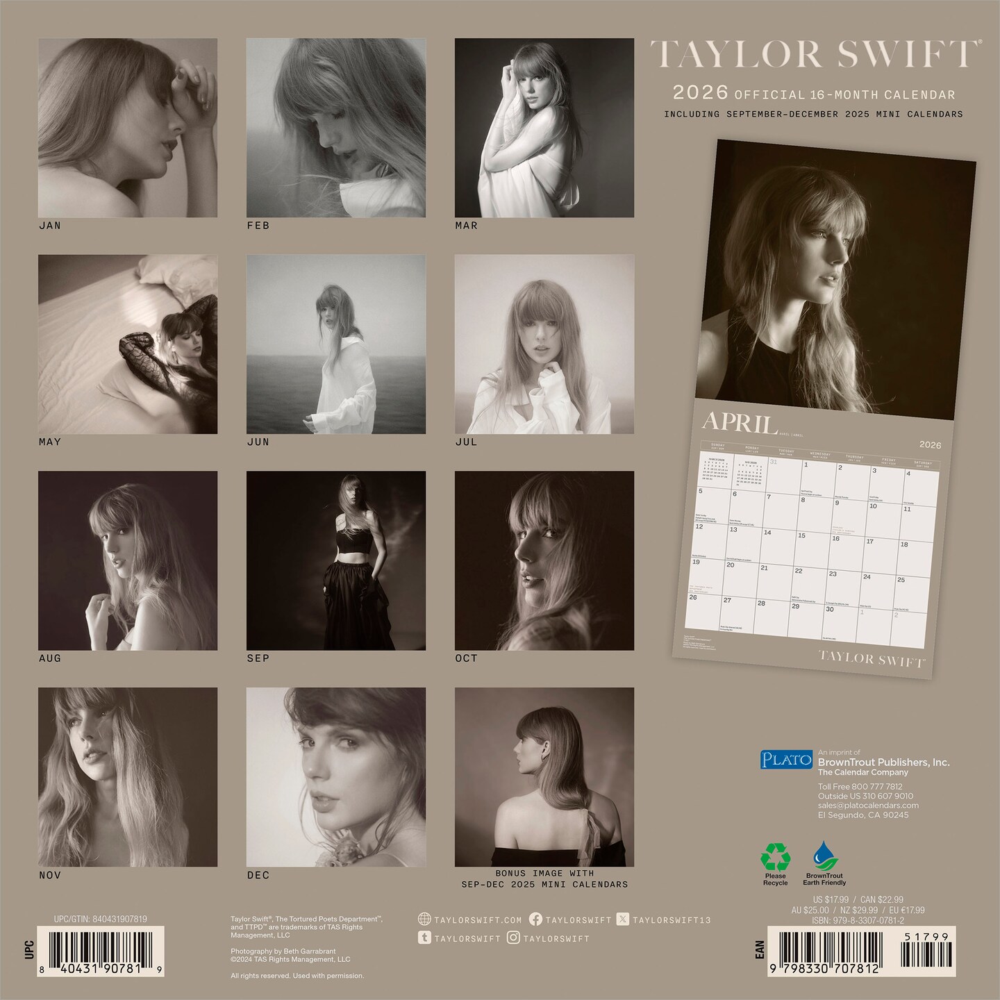 Taylor Swift OFFICIAL | 2026 12 x 24 Inch (Hanging) Monthly Square Wall Calendar