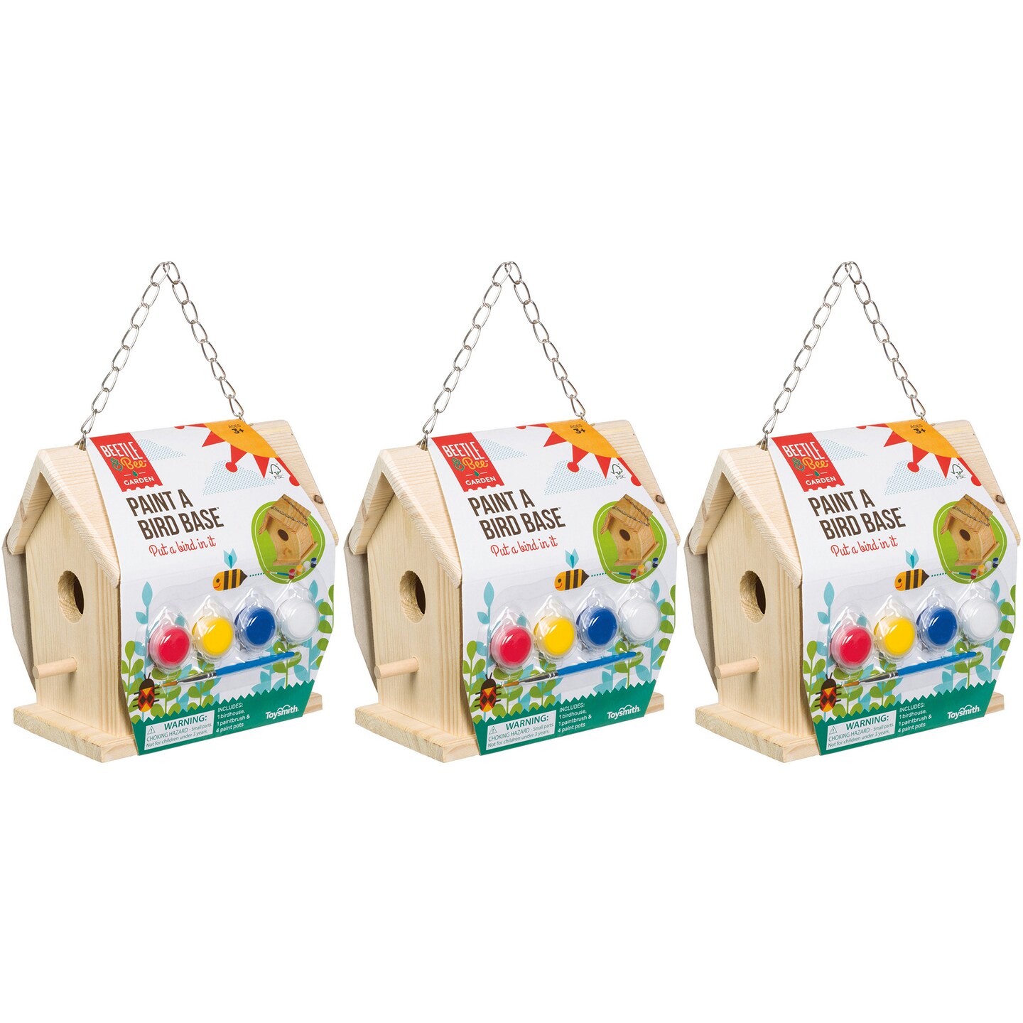 Toysmith Beetle &#x26; Bee Paint A Bird Base - DIY Kid Art Craft Outdoor Birdhouse Kit - 3 Pack