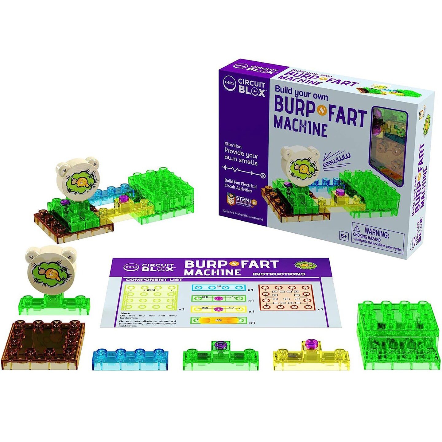 E-Blox: Circuit Blox: BYO Burp &#x27;N Fart Machine - Build Your Own, Add Funny Sounds To Brick Structures, DIY STEM Electrical Activities, Toy Kids Age 5+